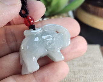 Lovely little elephant well carved untreated natural type A jadeite jade pendant with necklace cord