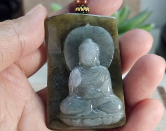 Certified Grade A Jade amitabha buddha carved on a raw untreated natural jadeite jade pendant necklace, Amulet Protection