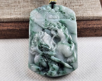 翡翠麒林、麒麟、キリンドラゴン彫刻ネックレス、YW-0110-1647022524