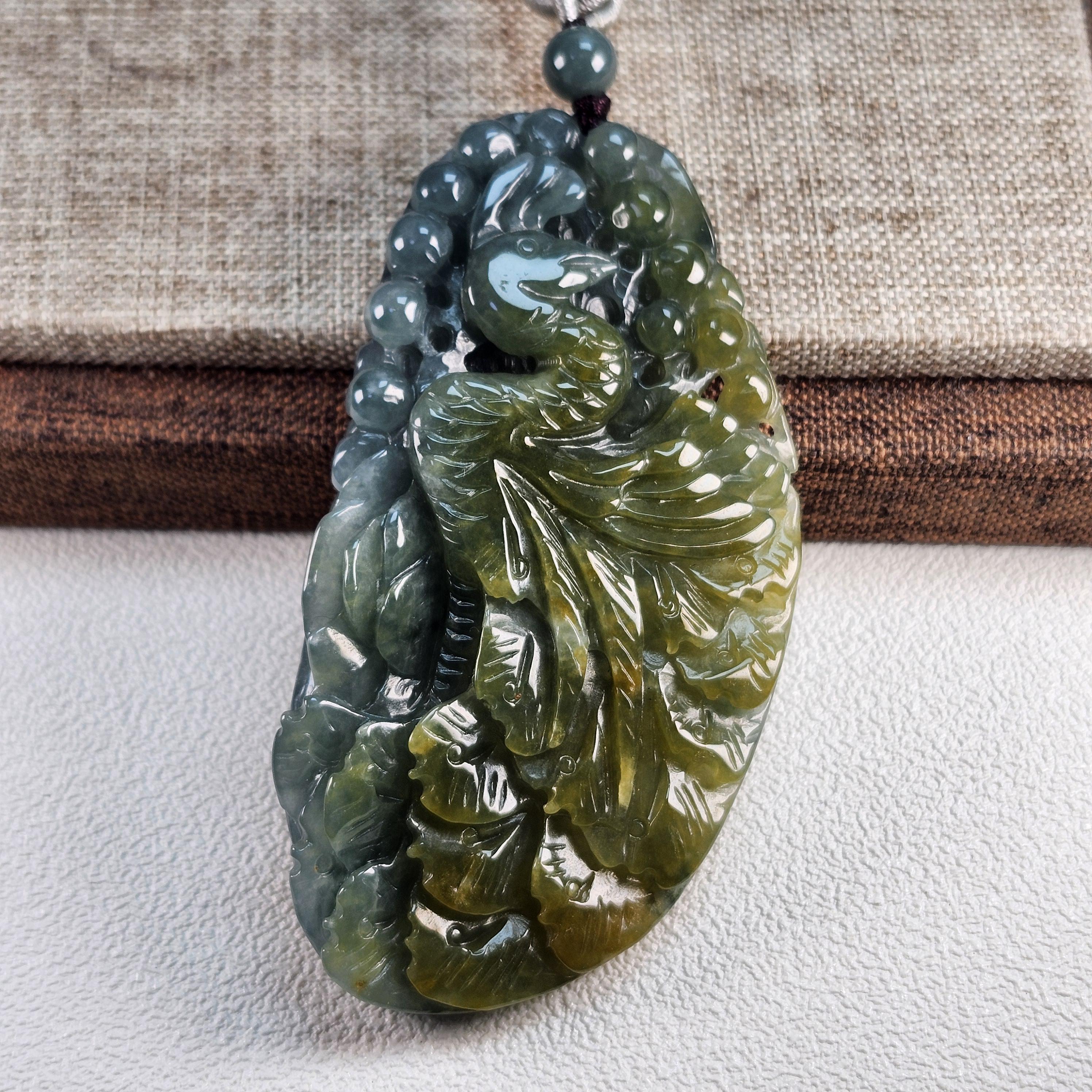 Grade A Jade Phoenix Pendant: Hand Carved Grade A Jadeite Necklace