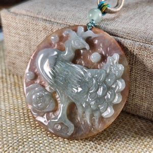 Beautiful Phoenix 鳳凰 well carved untreated translucent natural type A jadeite jade pendant with pretty necklace cord