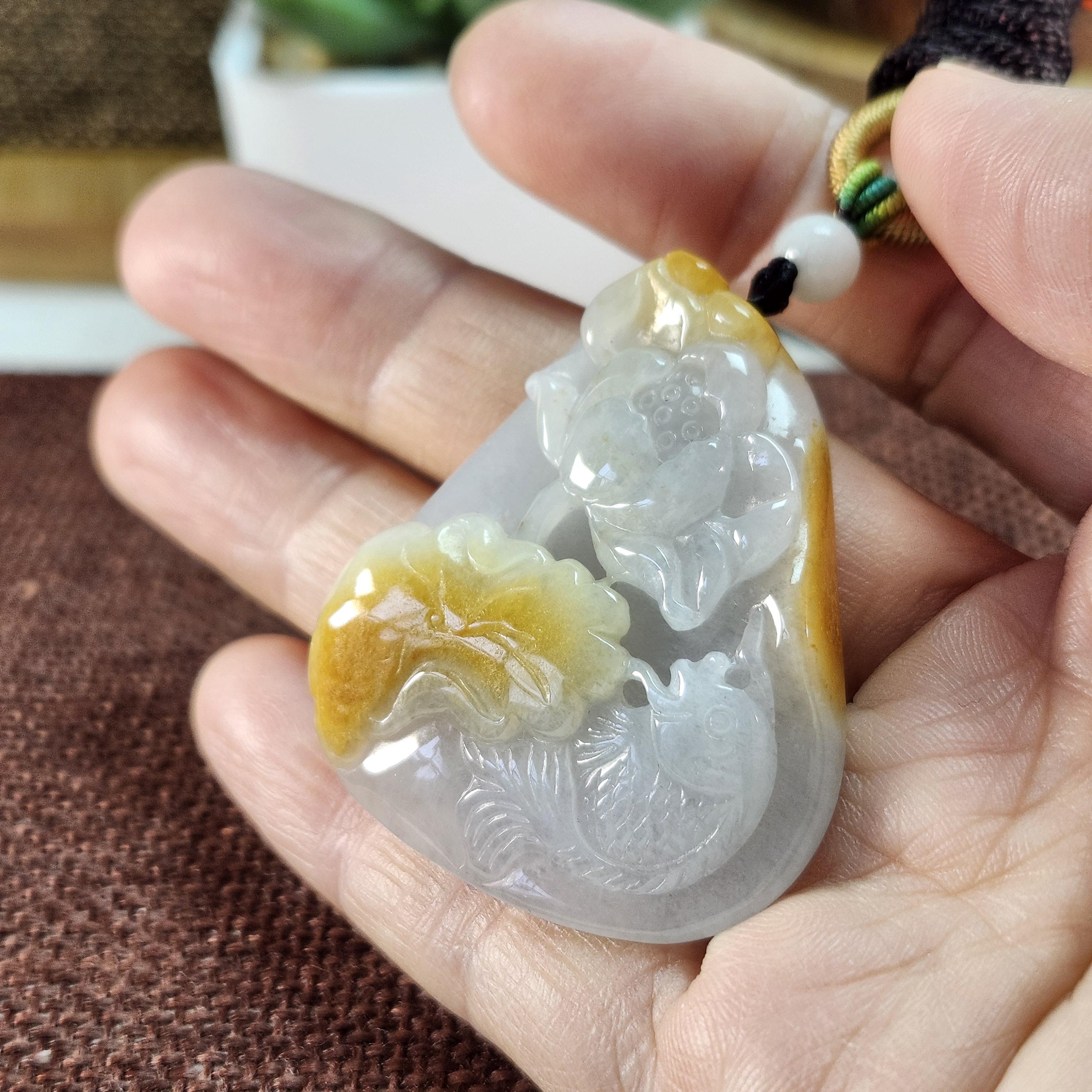 プレミアムグレードA よく彫られた魚蓮の熟語連年有餘未処理天然翡翠 