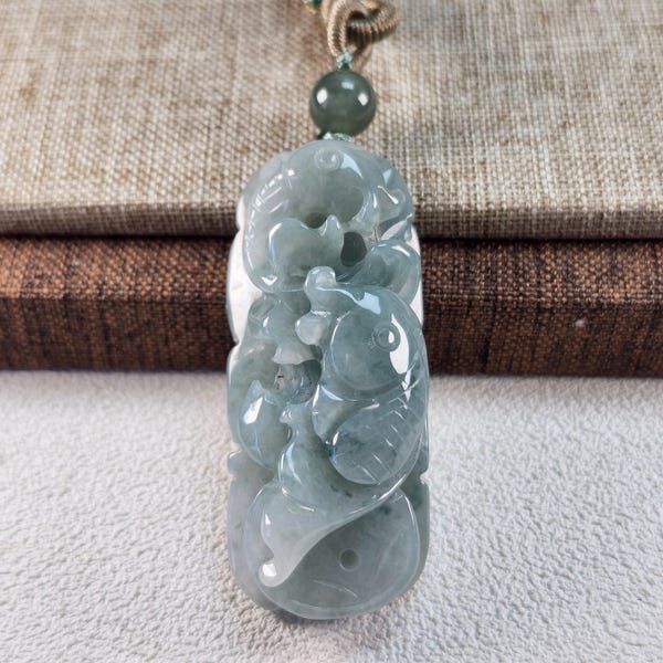 Lovely 3D fishes and lotus 連年有餘 well carved untreated Burmese natural type A jadeite jade pendant with pretty necklace cord