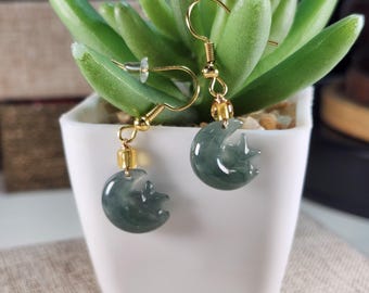 Grade A Jade Moon Star Earrings, Natural Jade Crescent Moon Dangle Earrings, Celestial Jewelry Gift, Handmade Jade Earrings, 37mm Drop