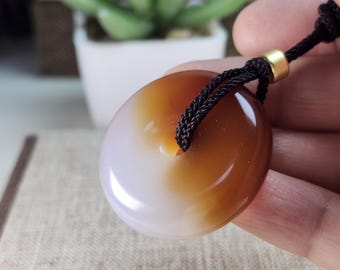 Natural Agate Donut Pendant, Orange White Banded Agate Necklace, Round Healing Stone Jewelry, Boho Gemstone Gift, Handmade Cord Pendant