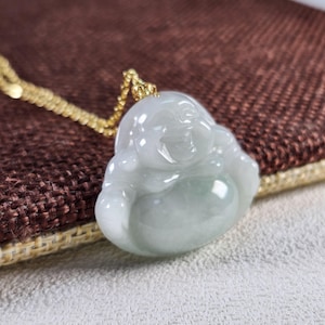 Blessing smile face buddha 18k gold bail well crafted untreated natural jadeite jade pendant free with 925 necklace chain