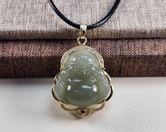 Natural Nephrite Jade Laughing Buddha Pendant, Green Jade Necklace, Prosperity Amulet, Hand Carved Buddha Charm, Gift for Luck & Wealth