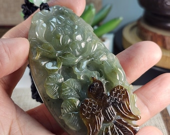 Grade A jade floral and birds 花開富貴 untreated natural jadeite jade pendant with pretty designed necklace cord