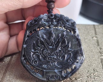 Dual-sided Natural Grade A Black Jade Dragon Pendant Necklace, Hand-Carved Amulet, Perfect Gift for Men