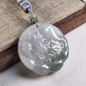 Well carved fish lotus carry out idiom 連年有餘untreated natural type A jadeite jade pendant with pretty necklace cord