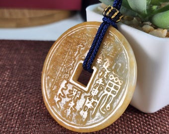 Ancient Chinese Mountains Ghosts Coin 山鬼花錢 for exorcise ghosts untreated natural type A jadeite jade pendant with necklace cord