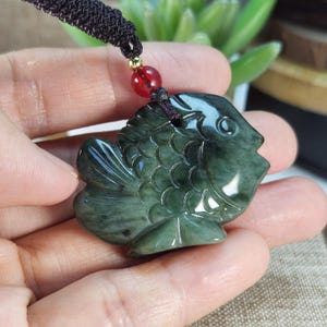 Lovely 3D fish well crafted untreated natural type A jadeite jade pendant with necklace cord or desk ornament