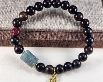 Bracciale cilindrico in giada naturale 10x10x14 mm con perline di legno e dettagli color oro - Perline di giada da 6 mm, perline di legno da 8 mm