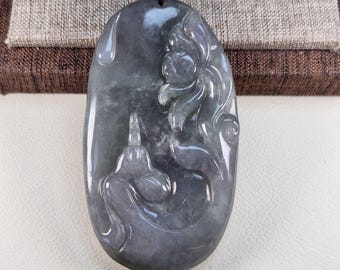 Collana con pendente in giada giadeite naturale non trattata di grado A, con motivo a loto "悟道" (illuminazione), amuleto regalo