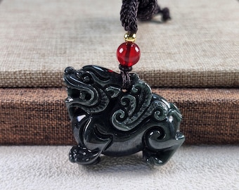 3D Wealth Kirin or Qilin 麒麟 absorbs money untreated natural jadeite jade pendant with adjustable necklace rope