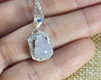 Lovely little transparent white jade gourd Hulu 葫蘆 well carved untreated natural jadeite jade pendant with S925 necklace chain