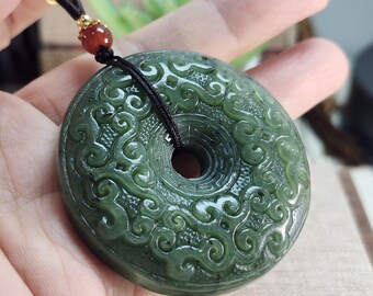 Natural Nephrite Jade Donut Pendant, Double-Sided Chinese Cloud Scroll Carving, Green Jade Bi Disc Necklace, Meaningful Gift