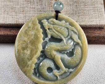 Round 3D Dragon pattern well crafted untreated natural jadeite jade pendant with necklace cord, gift for men