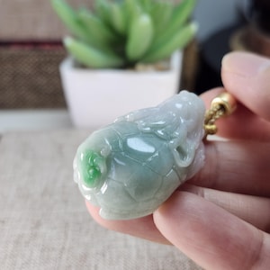 Natural Jadeite Jade Dragon Turtle Pendant, Grade A Untreated Hand Carved Jade Amulet, Green Ruyi Lucky Necklace, Feng Shui Gift