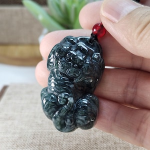 3D zodiac tiger stepping on coins well carved untreated natural jadeite jade pendant with necklace cord