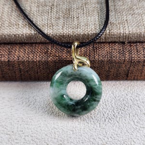 19mm round donut with leaf shape S925 silver bail untreated natural jadeite jade pendant free with black pu necklace cord