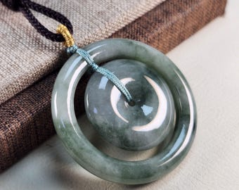 Ciondolo a forma di ciambella "Madre e Bambino" in giada giadeite naturale di grado A, collana a doppio cerchio in giada non trattata, regalo di gioielli cinesi in giada dal significato profondo