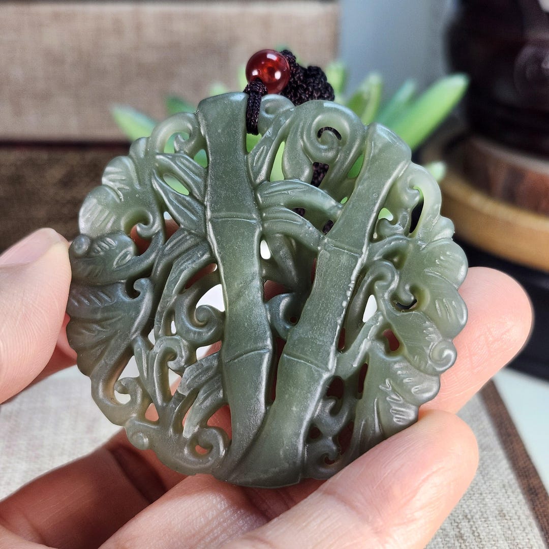 Natural Nephrite Jade Bamboo Pattern 節節高升 Untreated Natural Pendant ...