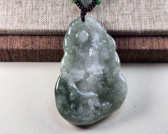 Grade A Jade Beautiful deer 一路(鹿)有你 round shape untreated natural jadeite jade pendant necklace, Amulet Feng Shui Gift