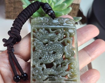 Natural Nephrite Jade Dragon Pendant, Double-Sided Chinese Dragon Carving, Celestial Guardian Amulet, Hand-Carved Jade Jewelry Gift