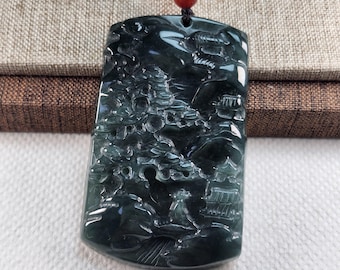 Carved Jadeite Jade Pendant Necklace: Mountain Landscape Design