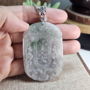 Vintage pattern with chinese words of 平安 well carved untreated natural jadeite jade pendant with titanium necklace chain