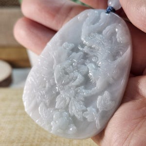 Grade A jade phoenix and peony 鳳穿牡丹untreated white color natural jadeite jade pendant with necklace cord