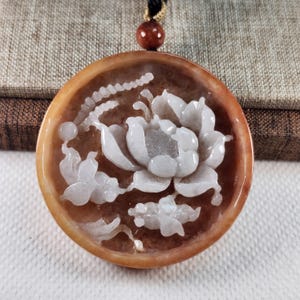 Grade A Lovely lotus flower round shape well carved untreated natural jadeite jade pendant with necklace cord