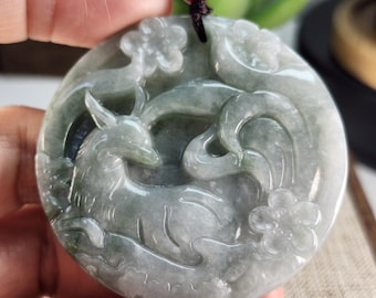 Natural Grade-a Jade Fox Spirit Nine-tailed Fox Pendant, Bean Type