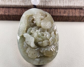 Natural Nephrite Jade Fenghuang Phoenix Through Peonies Palm Stone, Hand-Carved Chinese Collectible, Luxury Good Fortune Gift