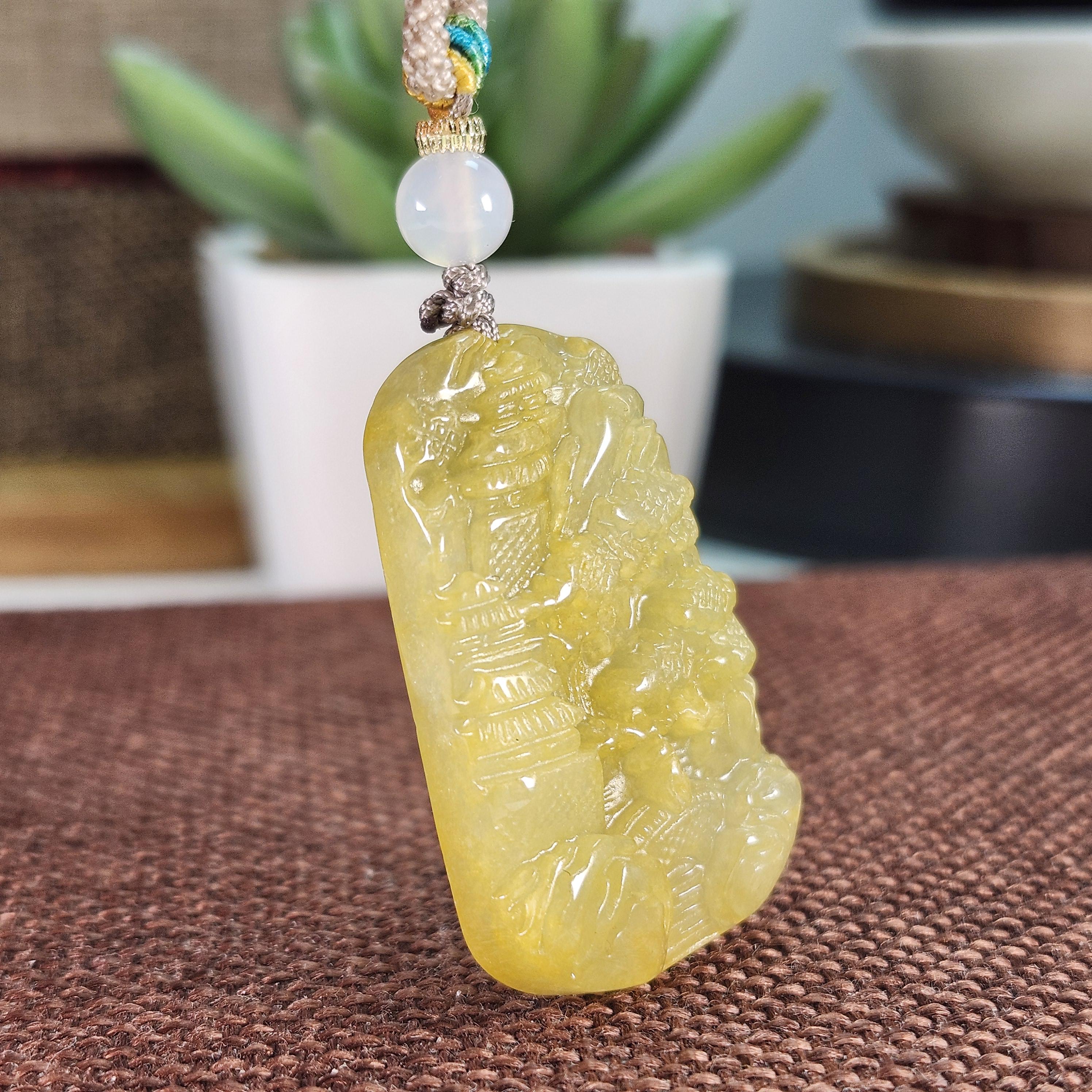 美しい風景模様の未処理の半透明天然翡翠ペンダント、調節可能な