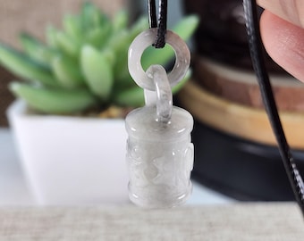 Type A Jade Prayer Wheel Pendant: Natural Jadeite, Sanskrit Charm