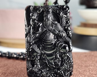 Grada A Drago e Sacro Imperatore Guan Yu ciondolo in giada nera naturale non trattata con collana di perline d'agata