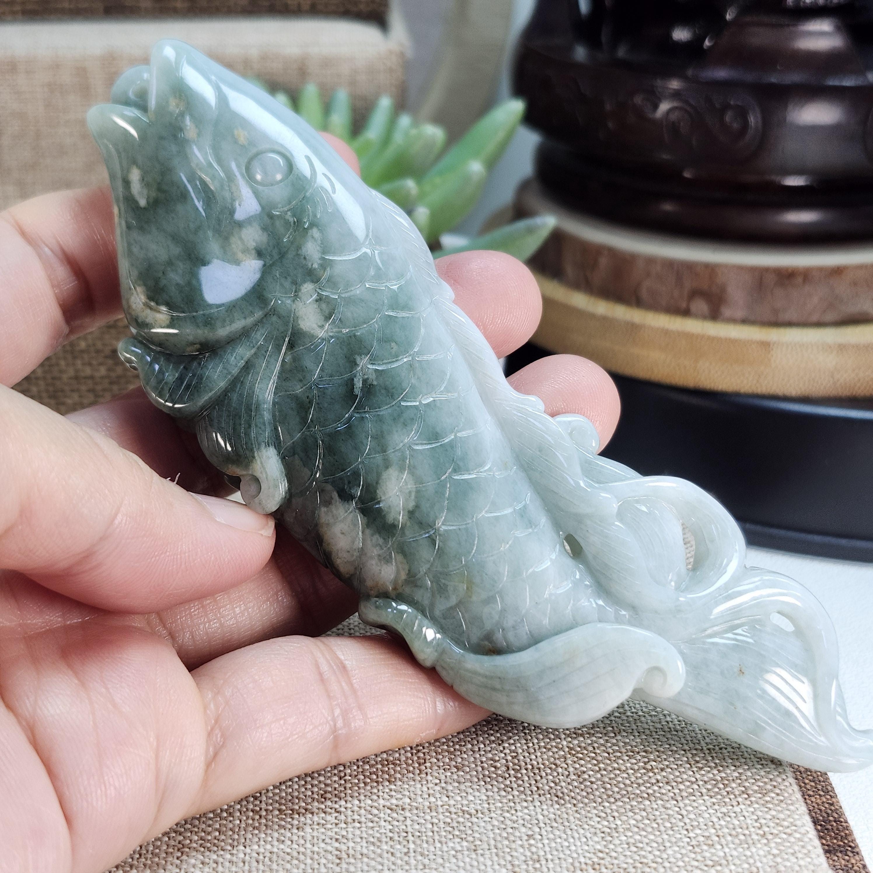 翡翠系 ?置物 魚 Grade A Jade 3D Koi Fish 錦鯉 Hand-crafted Natural Jadeite Jade