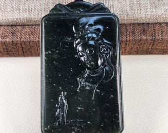 Natural Nephrite Jade Guan Yin Pendant - Hand Carved Jade Amulet, Spiritual Enlightenment Jewelry, Meditation Gift