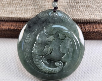 Elephant well carved untreated natural type A jadeite jade pendant with necklace cord