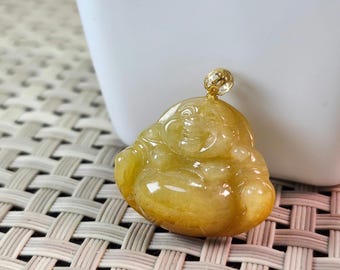 Blessing smile face buddha 18k gold bail well crafted untreated natural jadeite jade pendant free with 925 necklace chain