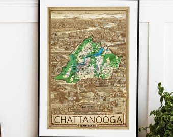 Hand-Drawn Chattanooga Tennessee Map Poster, Scenic City Wall Art, River Lookout Mountain Print
