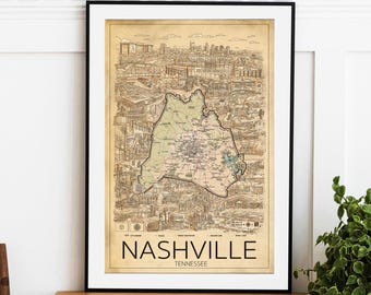 Hand-Drawn Nashville Map Print: Music City Landmarks