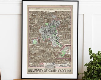 University of South Carolina Map Art Print: Hand-Drawn Carolina Decor