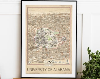 University of Alabama Map Art Print: Hand-Drawn Campus Landmarks