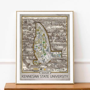 Póster con mapa de la Universidad Estatal de Kennesaw, lámina artística del campus dibujada a mano.