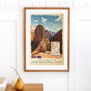 Zion National Park Angel&#39;s Landing Map Art Print: Utah Hiking Gift