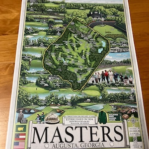 Carte du parcours de golf Masters Augusta dessinée à la main Impression artistique image 3