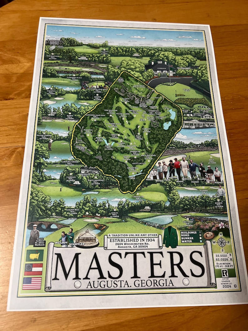 Carte du parcours de golf Masters Augusta dessinée à la main Impression artistique image 3